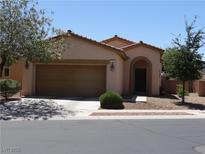 Charming single-story home with a well-manicured lawn and a two-car garage at 711 Golden Sedum Dr, Henderson, NV 89011