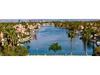 A scenic view of a waterfront community, featuring palm trees, and a lake at 3005 Treasure Island Rd, Las Vegas, NV 89128