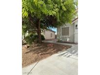 View of front yard with mature tree providing shade and xeriscaping at 5544 Cloudy Glen St, North Las Vegas, NV 89031