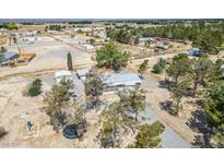 Expansive rural property with a single-story home, detached garage, trees, and a large open lot in a desert environment at 7960 Quarter Horse Ave, Pahrump, NV 89061