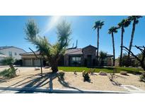Charming single-story home with desert landscaping, palm trees, and a stone entryway at 8225 Fulton Ranch St, Las Vegas, NV 89131