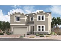 Two-story home boasts a neutral color scheme, gray roof, and a two-car garage; desert landscaping enhances curb appeal at 9475 Olga Dias St, Las Vegas, NV 89178