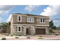 Charming two-story home with stone accents, a brown garage door, and desert landscaping at 9828 Blazek Bluff Ave, Las Vegas, NV 89178