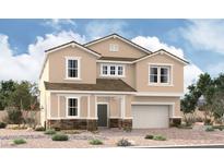Two-story home with tan stucco, stone accents, a two car garage, and desert landscaping at 9856 Blazek Bluff Ave, Las Vegas, NV 89178
