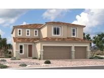 Charming two-story home with a three-car garage and neutral exterior paint, landscaped with desert flora at 9900 Blazek Bluff Ave, Las Vegas, NV 89178