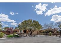 Charming home featuring a well-manicured front yard with mature trees and desert landscaping, creating inviting curb appeal at 11177 Twilight Times Ct, Las Vegas, NV 89135