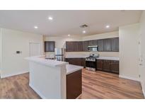 Open kitchen features dark cabinets, stainless steel appliances, and a breakfast bar at 2037 Brush Stroke St, Henderson, NV 89044