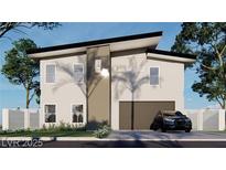 New two-story home showcasing modern architecture, a sleek roofline and a dark grey car in driveway at 6511 Adrian Ridge Ct, Las Vegas, NV 89149