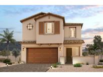 Charming two-story home featuring a tile roof, tan stucco, desert landscaping, and a two-car garage at 8897 Wallner St, Las Vegas, NV 89166