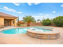 Inviting backyard pool and spa with a stone surround and a lush palm tree, creating a private oasis at 7119 Wolf Rivers Ave, Las Vegas, NV 89131