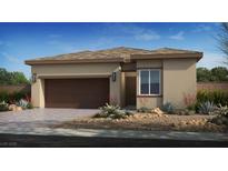 Charming single-story home featuring a neutral color palette, well-manicured front yard, and an attached two-car garage at 4140 E Brusca Way, Pahrump, NV 89061