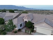 Aerial view of a single-story home with a well-manicured yard and a mountain backdrop at 8616 Willow Cabin St, Las Vegas, NV 89131