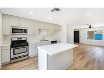 Bright kitchen featuring stainless steel appliances, an island with white countertop, and wood-look flooring at 239 Concho Dr, Henderson, NV 89015