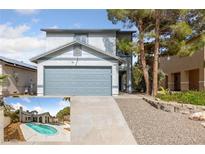 Two-story home featuring a gray garage door and desert landscaping, including inset of backyard pool at 823 Schooner Dr, Henderson, NV 89015