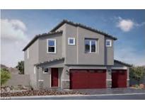Two-story home featuring a three-car garage, neutral gray stucco, and a red-colored garage door at 1201 Dre Harbor Pl # Lot 80, North Las Vegas, NV 89084