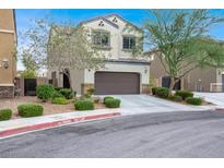 Charming two-story home features a well-kept lawn, desert landscaping, and attached garage at 3712 Gilmore Creek St, Las Vegas, NV 89129