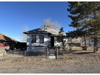 Exterior view of the home with a chain-link fence, mature trees, and a view of the front entrance at 26 Avenue B, McGill, NV 89318