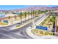 A beautiful Primary-planned community entrance with palm trees and desert landscaping at 6819 Citron Mist Ct, North Las Vegas, NV 89086