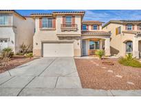 Two-story home featuring a stucco facade, red shutters, and a two car garage at 7886 Palace Monaco Ave, Las Vegas, NV 89117