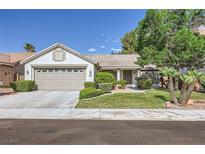 Charming single-story home with a well-manicured lawn, mature trees, and an attached two-car garage at 3640 Snowy Pines St, Las Vegas, NV 89147