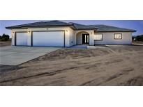Charming single-story home with a three-car garage and a modern front door at 1131 Lupin St, Pahrump, NV 89048