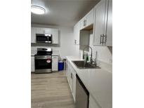 Updated kitchen featuring stainless steel appliances and bright white cabinets with modern hardware at 335 W Basic Rd, Henderson, NV 89015