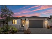 Charming home with a gray exterior, black garage door and desert landscaping at 64 Lake Oasis St, Henderson, NV 89011