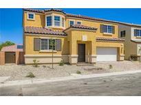 Inviting yellow two-story home featuring a tile roof, charming brick walkway, and attached two-car garage at 9712 Rocket Grove Ct, Las Vegas, NV 89178