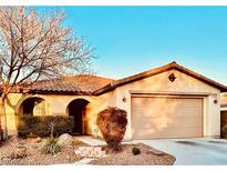 Inviting single-story home featuring a xeriscaped front yard and an attached two car garage at 4700 E Brolio Ct, Pahrump, NV 89061