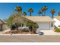 Charming single-story home with desert landscaping, tile roof, and a two-car garage surrounded by mature palm trees at 3414 Drescina Way, North Las Vegas, NV 89031