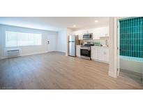Bright living area with wood-look flooring, a kitchen with stainless steel appliances, and a bathroom with a tub and shower at 4600 University Center Dr # 72, Las Vegas, NV 89119
