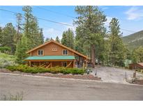 Charming log cabin-style home with a green roof, surrounded by lush greenery and mature trees at 401 Alpine Way, Mount Charleston, NV 89124