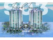 Stunning aerial view of Park Towers, showcasing its modern architecture and lush landscaping at 1 Hughes Center Dr # 903, Las Vegas, NV 89169