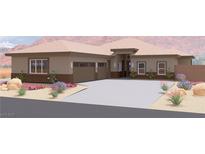 Charming single-story home featuring desert landscaping, three-car garage, and neutral color palette at 1840 Old West Ave, Pahrump, NV 89048