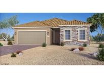 Charming single-story home showcasing a stone facade, neutral colors, and a two-car garage at 77 Serene Tempo Ave, Henderson, NV 89011