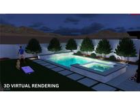 Backyard virtual rendering showcases a modern pool and spa, surrounded by desert landscaping, perfect for outdoor relaxation at 10239 Meandering Dell Ave, Las Vegas, NV 89166