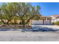 Charming single-story home with a three-car garage and mature trees in a well-maintained front yard at 1637 Wellington Springs Ave, Henderson, NV 89052