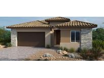 Charming single-story home showcasing a tile roof, stone accents, desert landscaping, and a two-car garage at 218 Piazzetta Pl, Henderson, NV 89011