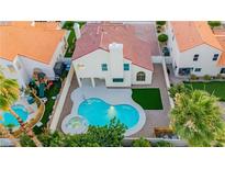 Aerial view of the backyard with a swimming pool, jacuzzi, small patch of artificial turf, and desert landscaping at 2107 Fountain Springs Dr, Henderson, NV 89074