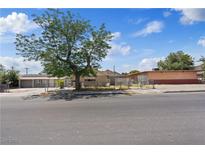View of a single-story house and its landscaping, surrounded by chain link fence and a large tree at 2528 Sunrise Ave, Las Vegas, NV 89101