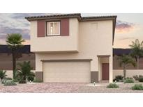 Two-story home with a two-car garage, desert landscaping and a red door and window shutters at 8532 W Agate Ave, Las Vegas, NV 89113