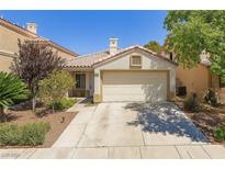 Charming single-story home features a two-car garage and a well-maintained, landscaped front yard with mature trees at 9520 Aspen Glow Dr, Las Vegas, NV 89134