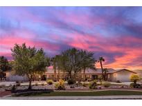 Striking single-story home showcasing a manicured front yard with mature trees under a vibrant pink and blue sky at 825 W Ryan Ave, Overton, NV 89040