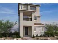 Modern three-story home featuring a balcony, unique architectural design, and desert landscaping at 1529 Little Penguin St, Las Vegas, NV 89138