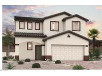 Two-story home showcasing traditional design, desert landscaping, neutral color palette, and integrated two car garage at 8672 Vanhoy Creek St, Las Vegas, NV 89166